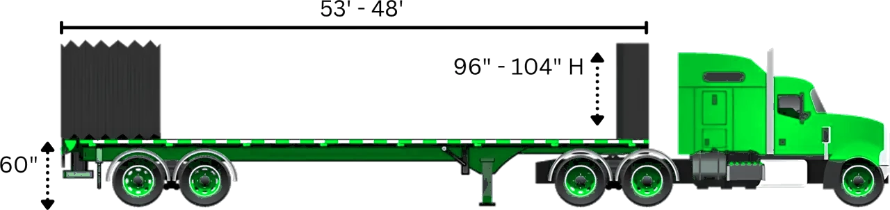 Conestoga trailer diagram with deck length and height dimensions for robot and machinery transport