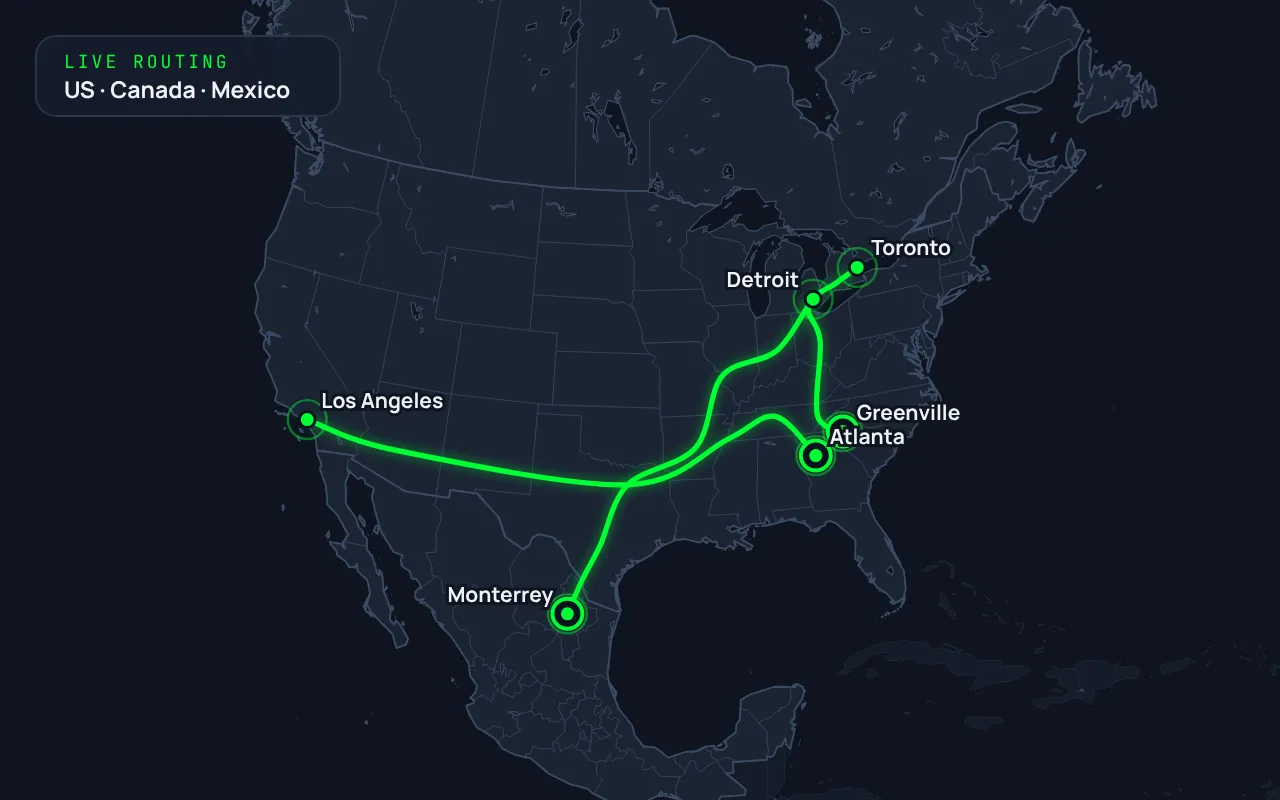 Animated map of the USA, Canada and Mexico with freight routes drawing from Detroit to Greenville, Toronto to Monterrey and Los Angeles to Atlanta