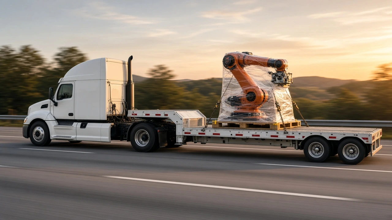 White semi truck pulling a step deck trailer on a highway with a shrink wrapped orange industrial robot arm chained to a wood skid
